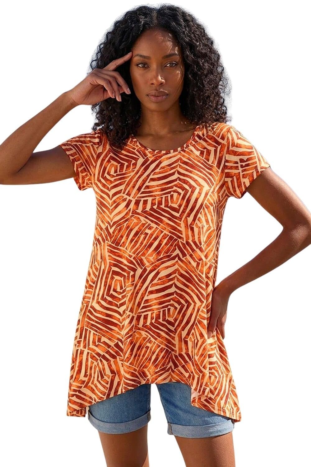 Roman Originals Women's Orange Hanky Hem Tunic Top For Uk - Longline Blouse Asymmetric Hemline Short Sleeves Casual Slouch Loose Summer Spring Relaxed Comfortable