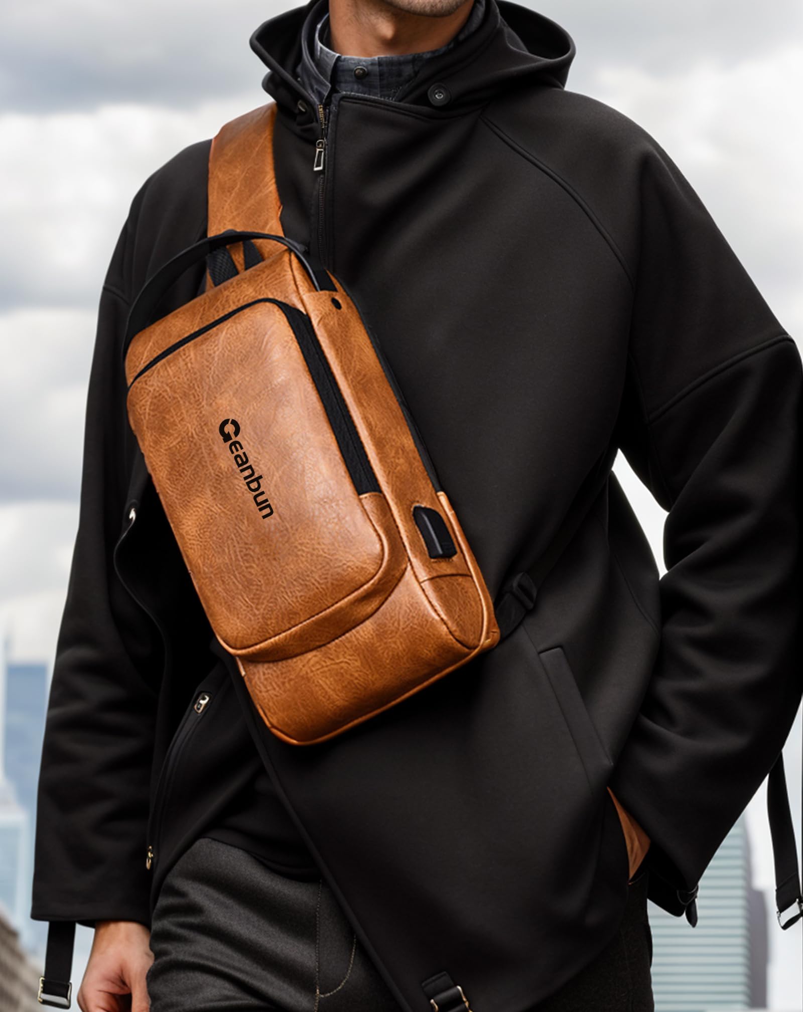 Mochila cruzada USB antirrobo para hombre, mochila impermeable para el pecho, Marrón-2, Moda 7