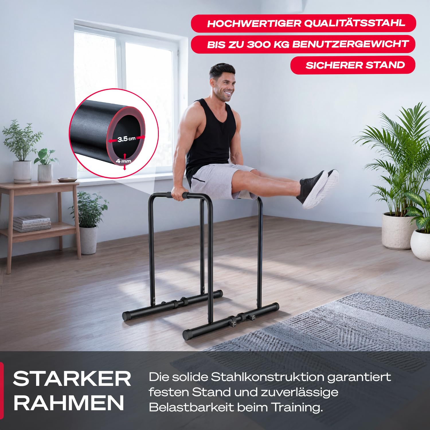 Sportstech, Dip Station Barren höhenverstellbar + App-Coaching PT500 | Dip Stange, Parallettes & Calisthenics: Dips, L-Sitz, Beinheben, Rudern & Handstand, Ganzkörpertraining für Zuhause