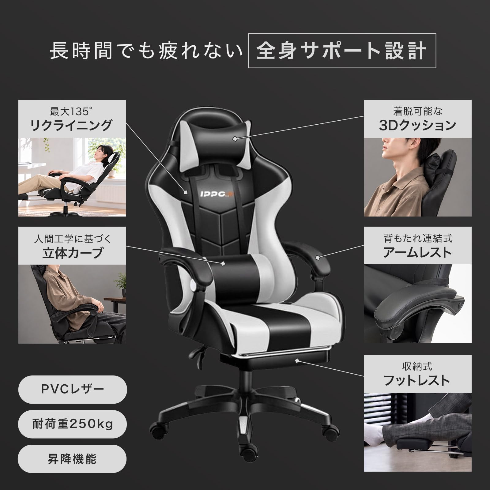 Amazon.co.jp: IPPO+ ゲーミングチェア リクライニング135