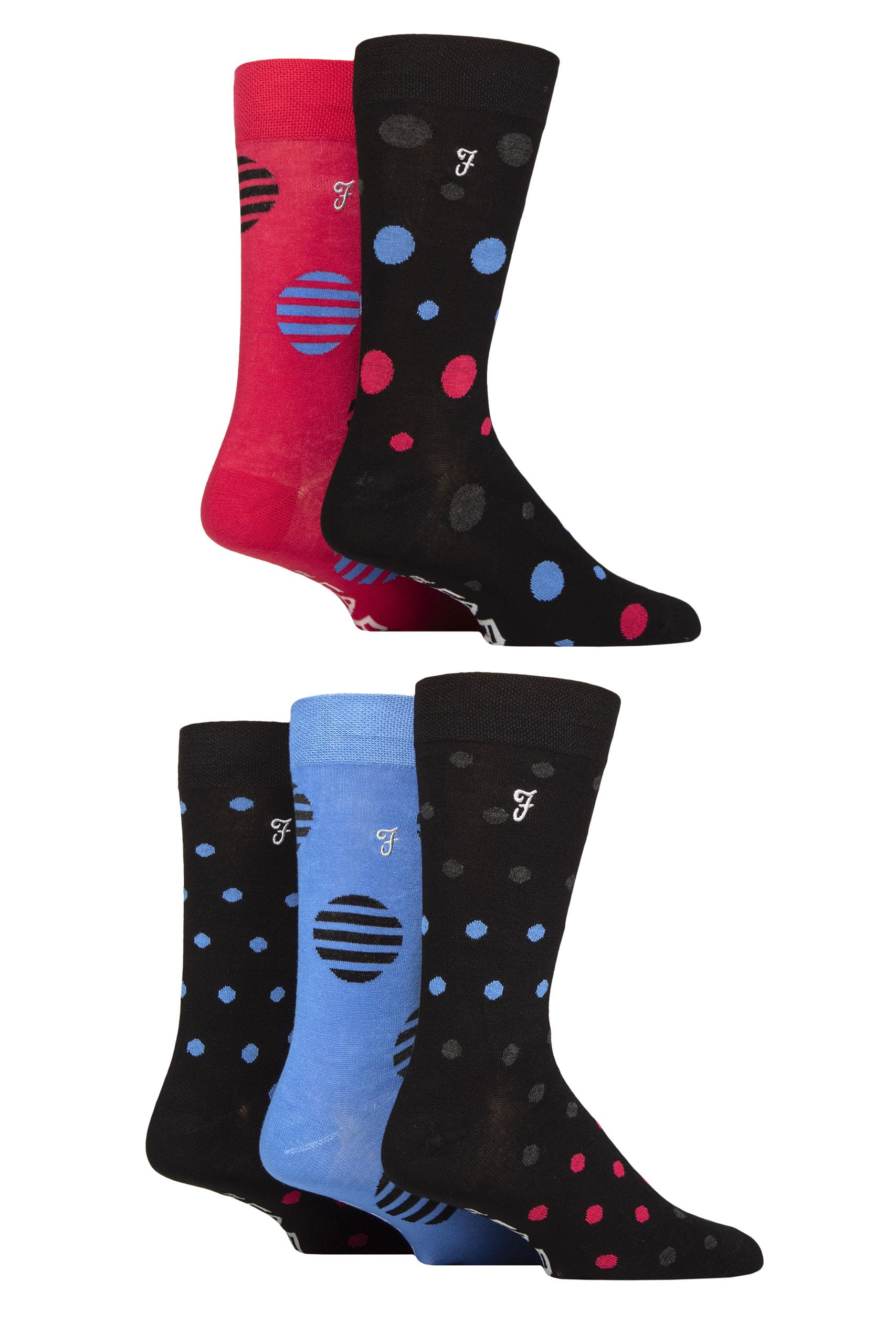 Farah Mens Bamboo Socks Plain and Patterned Striped Argyle Spotty Designs, Bright Colourful, Gift for Him, Dad, Husband 5 Pairs - Spotty Black/Crimson/Charcoal 6-11