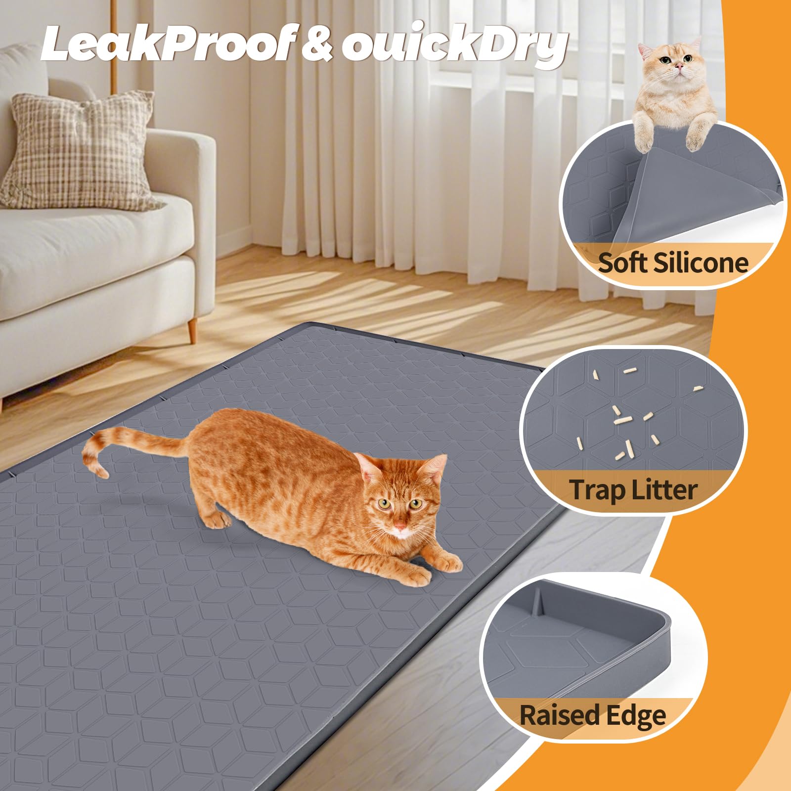 Bartuke XXL Katzenstreu-Matte 127x89cm Silikon - Extra Groe Streufangmatte  Grau Waschbare Katzenmatte
