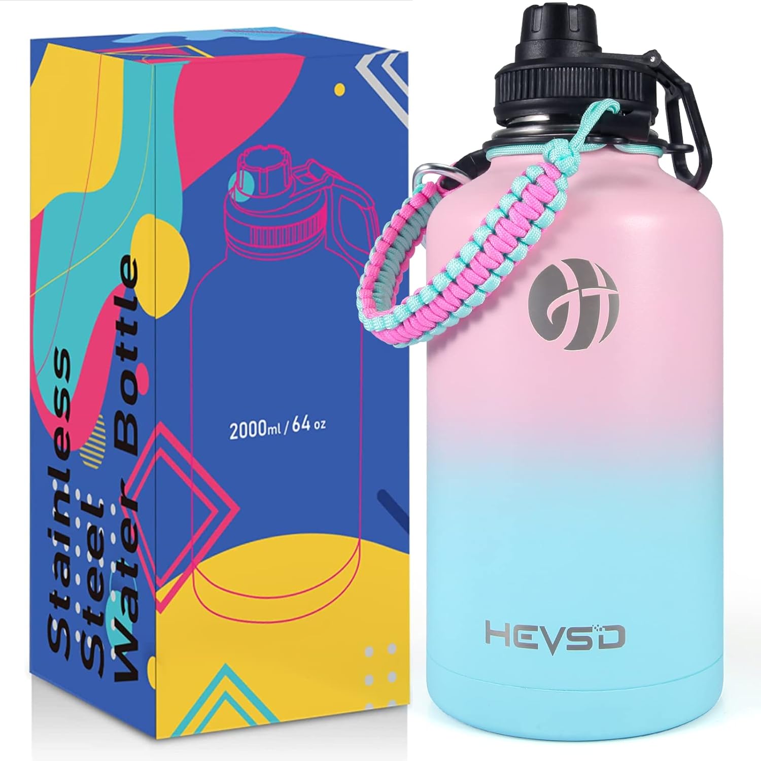 2L / 64oz Water Bottle Stainless Steel, Insulated Bottles, Girls Water Bottle Wide Mouth Sports