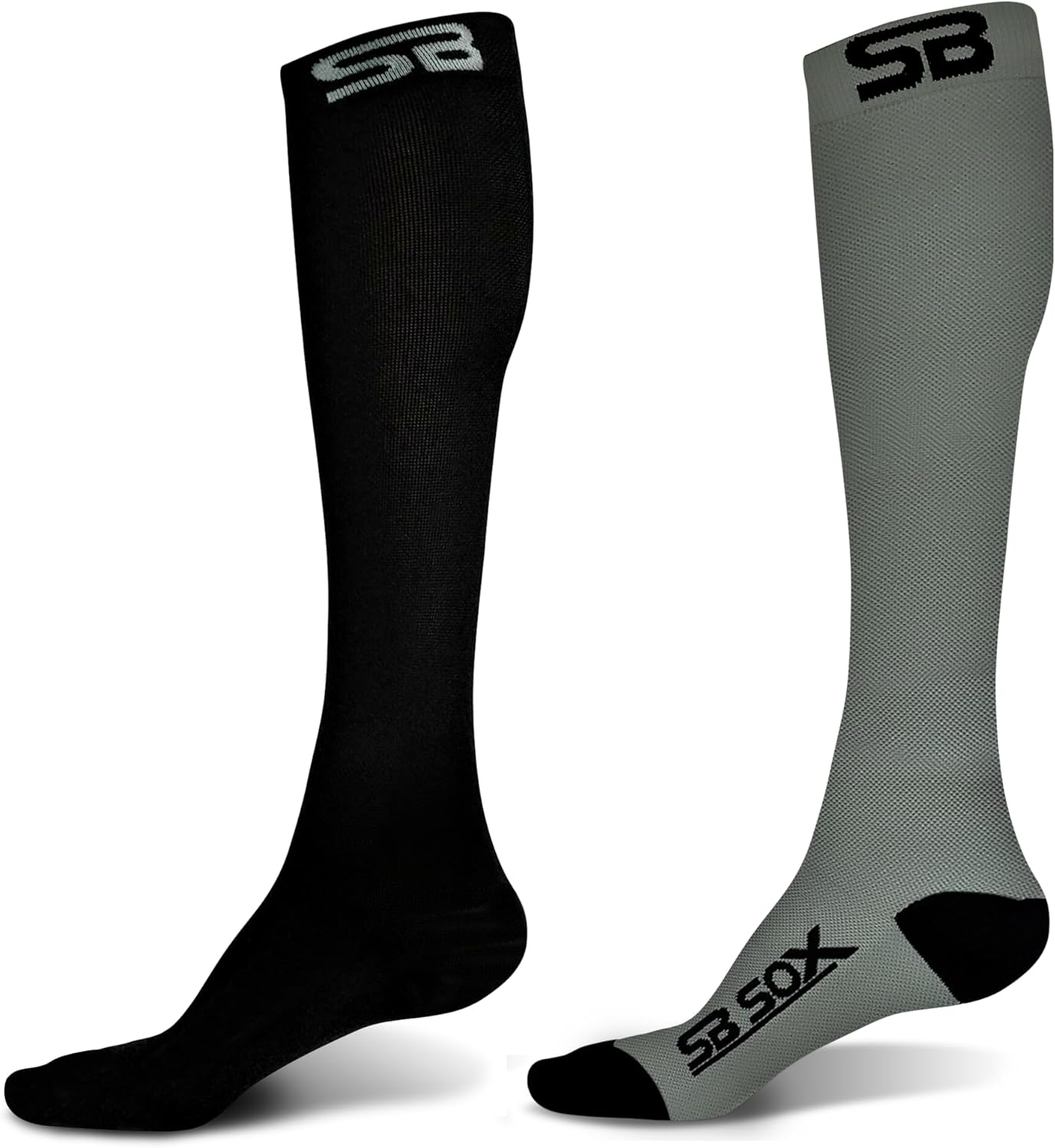 SB SOX - 2 Pairs Compression Socks, Size Small (Solid Black + Gray/Black)