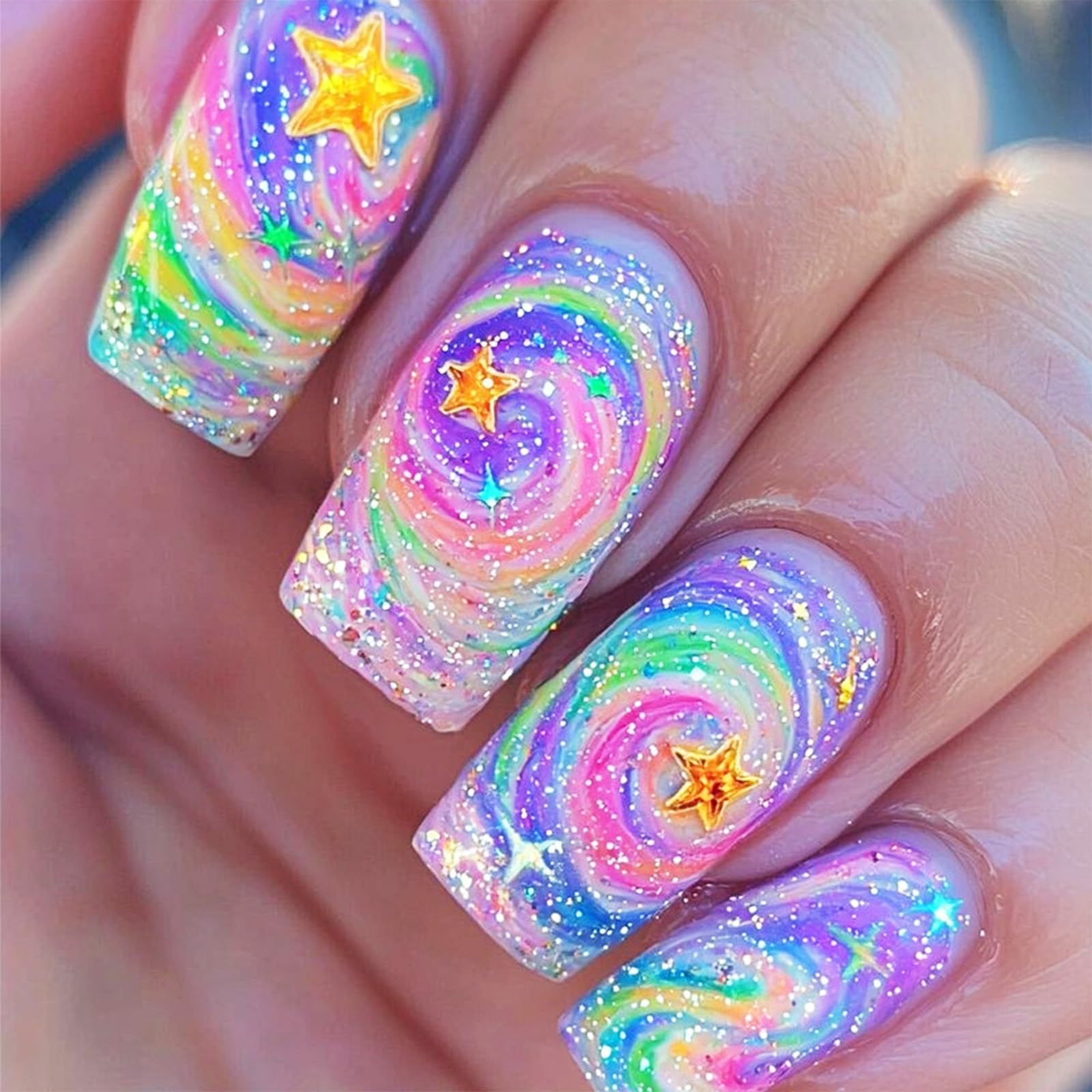 24Pcs Colorful Swirl Fake Nails Gold Stars Press on Nails Glossy Rainbow Milky Way Stick on Nail Medium Square Acrylic Full Cover False Nail Starry