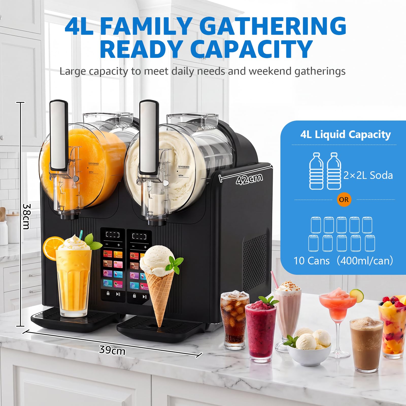 Macchina per Granita Slushie Machine 2 x 2L, Granitore per Granite Professionale Macchina per Granite da Casa Sorbettiera Macchina per Bevande Ghiacciate con 7 Programmi, per Gelato, Frappè, Milkshake