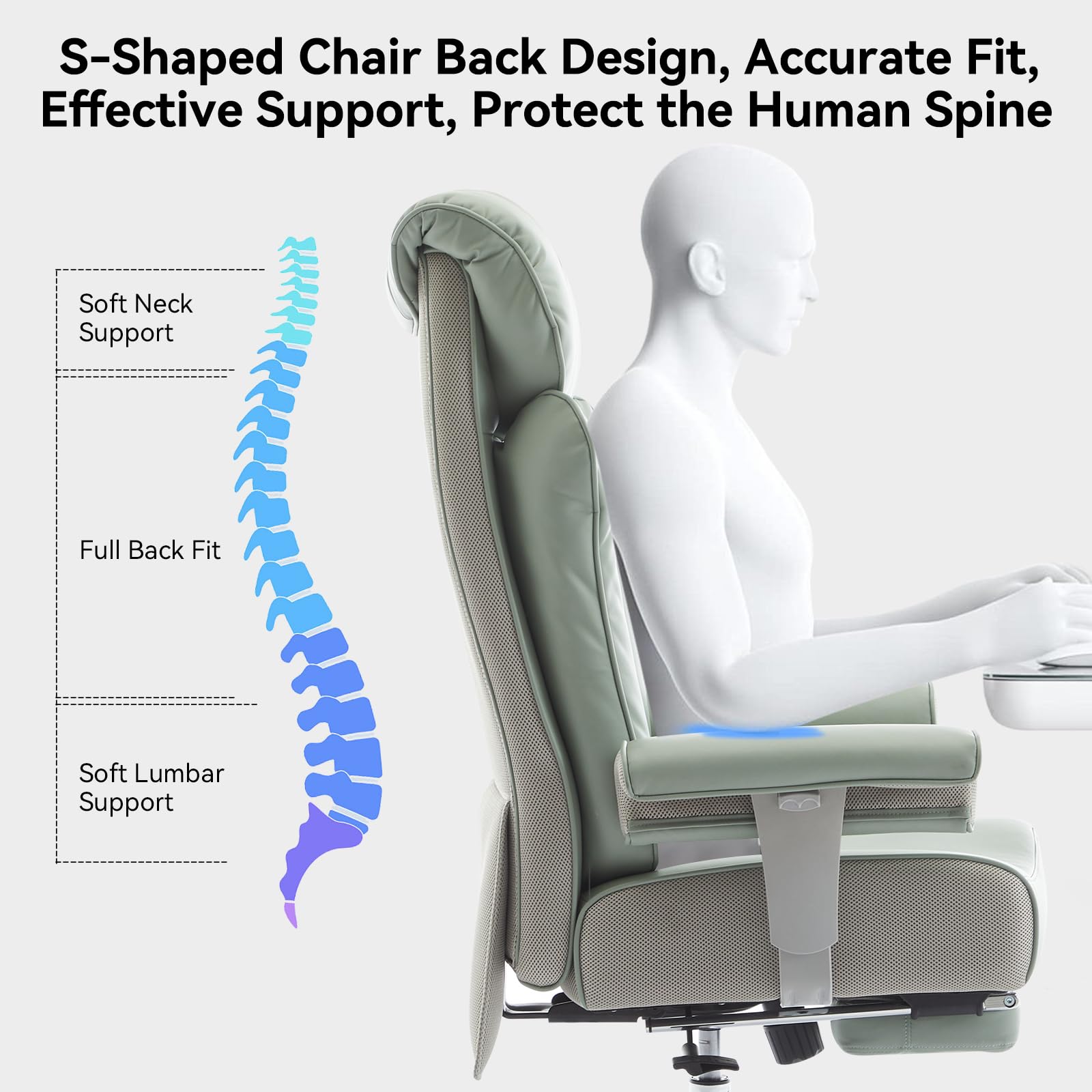 Efomao Big and Tall Green Office Chair 450LBS Ergonomic High-Back Executive Chair with Footrest Adjustable Padded Armrests PU — view 8