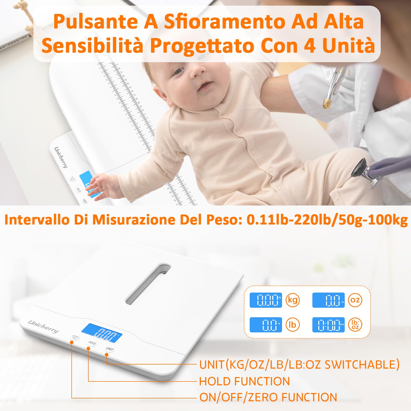 Bilancia Neonato, Bilancia Per Neonati Multifunzionale con vassoio removibile, Bilancia digitale per neonati con funzioni Tare e Hold