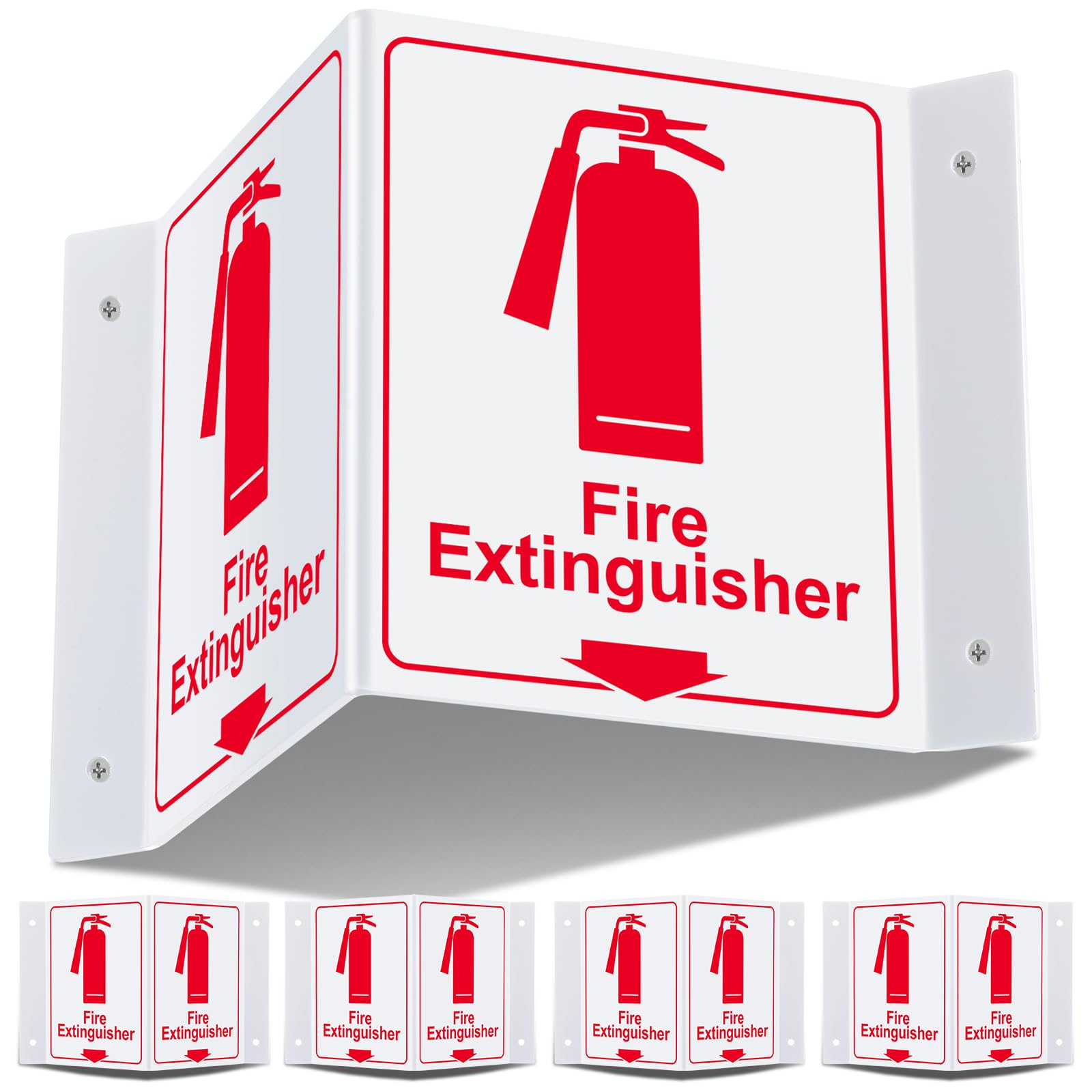 Menkxi 4 letreros de extintor de incendios que brillan en la oscuridad, 2 caras, acrílico, en forma de V, con flecha hacia abajo, 6 x 5 pulgadas, para suministros de negocios, centro comercial,