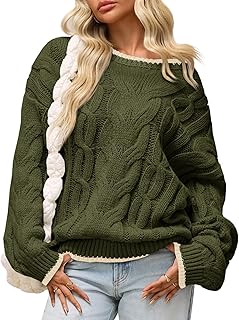 Womens Oversized Sweater Casual Cable Knit Color Block Crewneck Pullover...