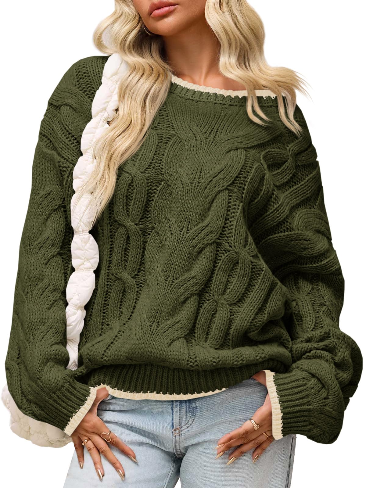Saodimallsu Womens Oversized Sweater Casual Cable Knit Color Block Crewneck Pullover 2025 Fall Winter Chunky Trendy Sweaters
