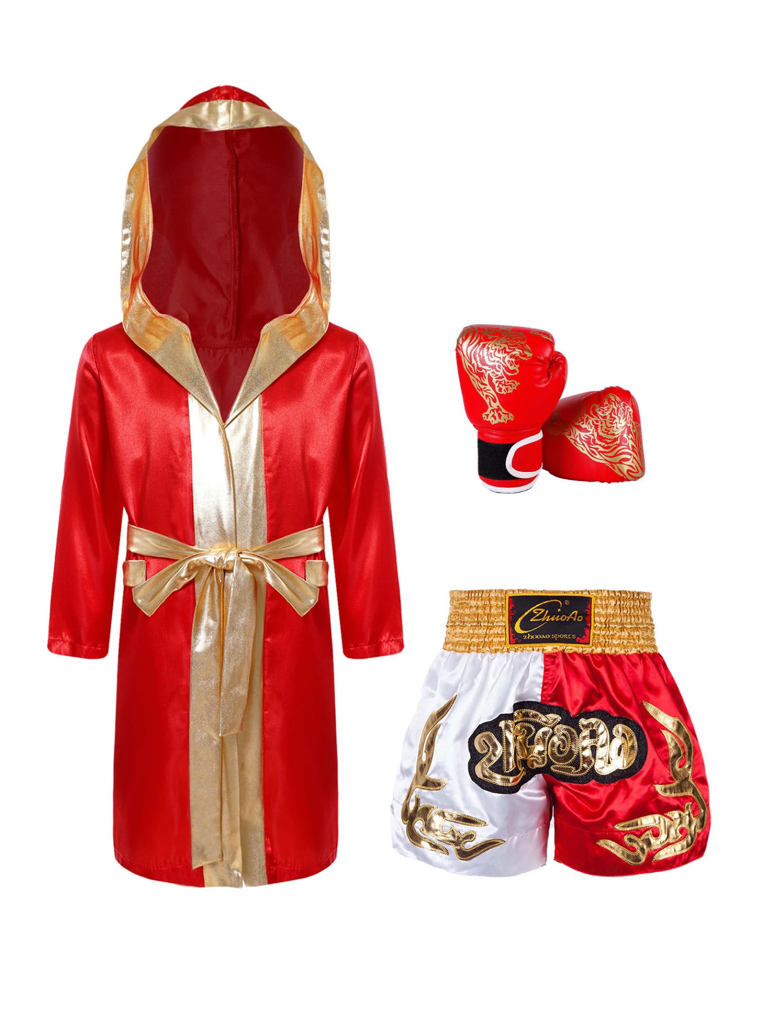 Set di boxer per bambini a maniche lunghe kickboxer, giacca con cappuccio, pantaloni boxer, guanti da allenamento