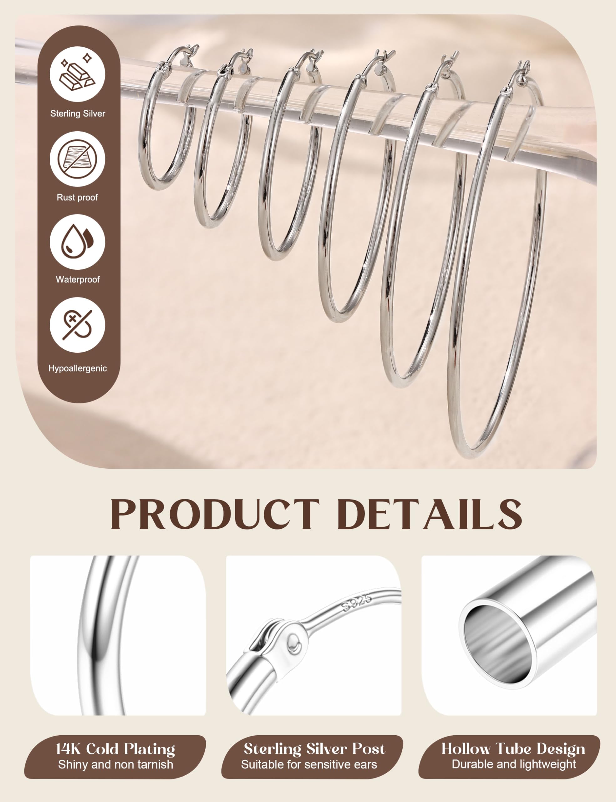 Creolen aus Sterlingsilber für Damen, 14 Karat vergoldet, Creolen, hypoallergen, große Creolen aus Silber, leicht, kleine Creolen, 15/20/25/30/40/50/60/70 mm