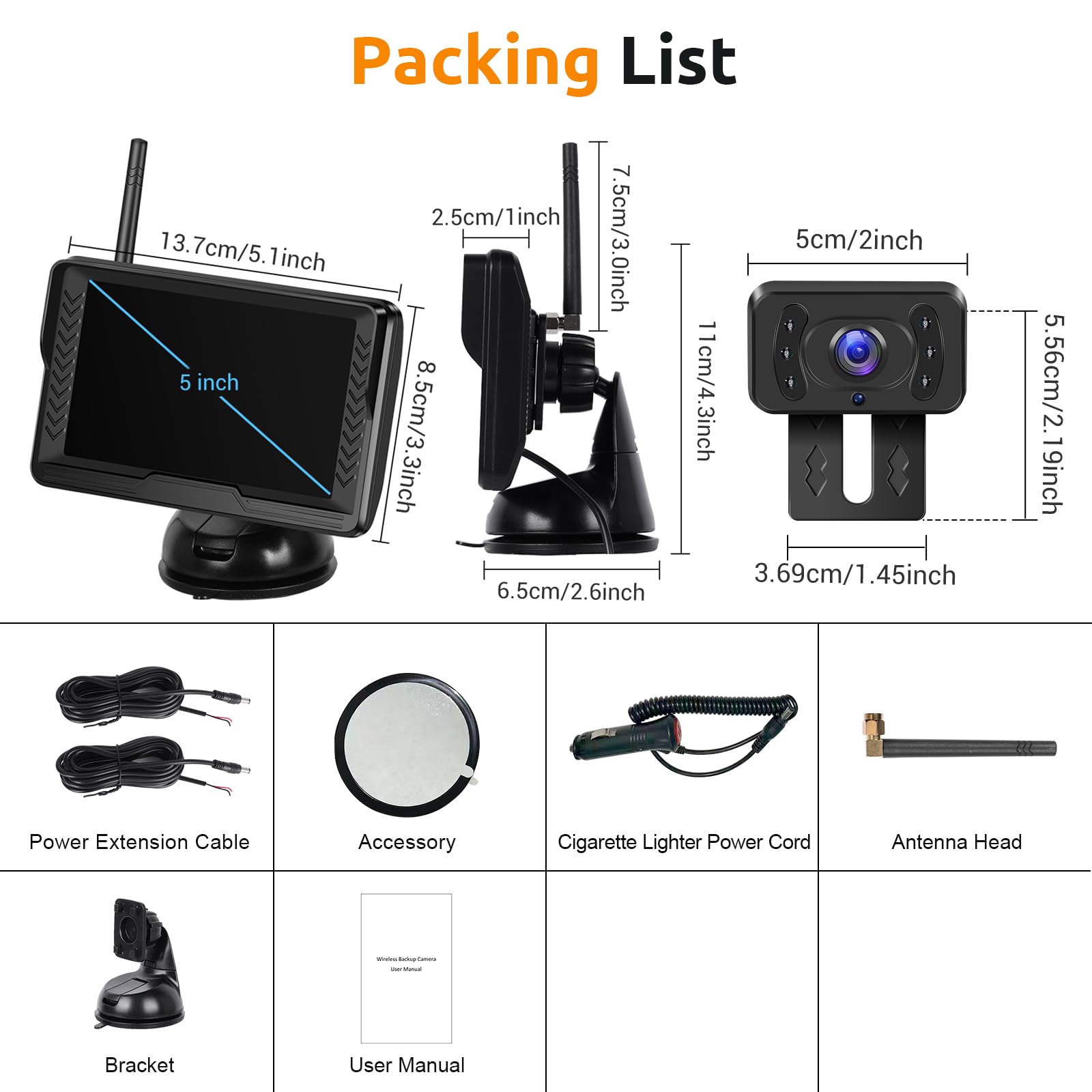 Podofo Wireless Telecamera Retromarcia AHD Con Monitor da 5 '' Digitale IP69 Visione Notturna Impermeabile Ventosa Grandangolare Facile Installazione Con Macchina Fotografica Della Targa DC12V