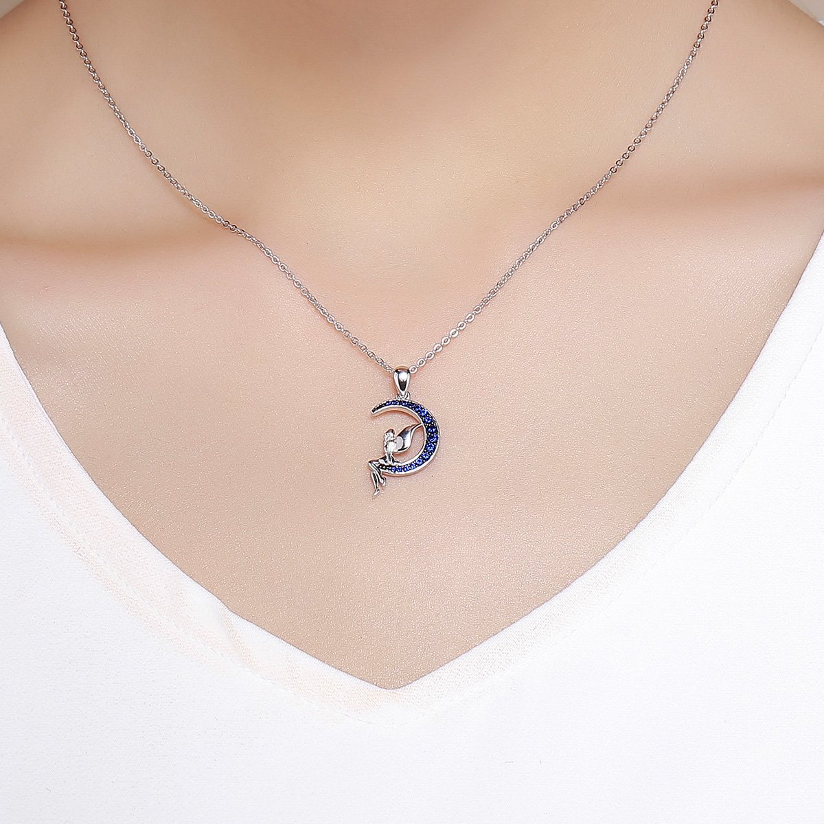 NewL Collar con colgante de plata de ley 925 con diseño de hada de la suerte en luna azul para mujer, joyería de regalo, Plata esterlina Tela Plata de ley, Circonia cúbica