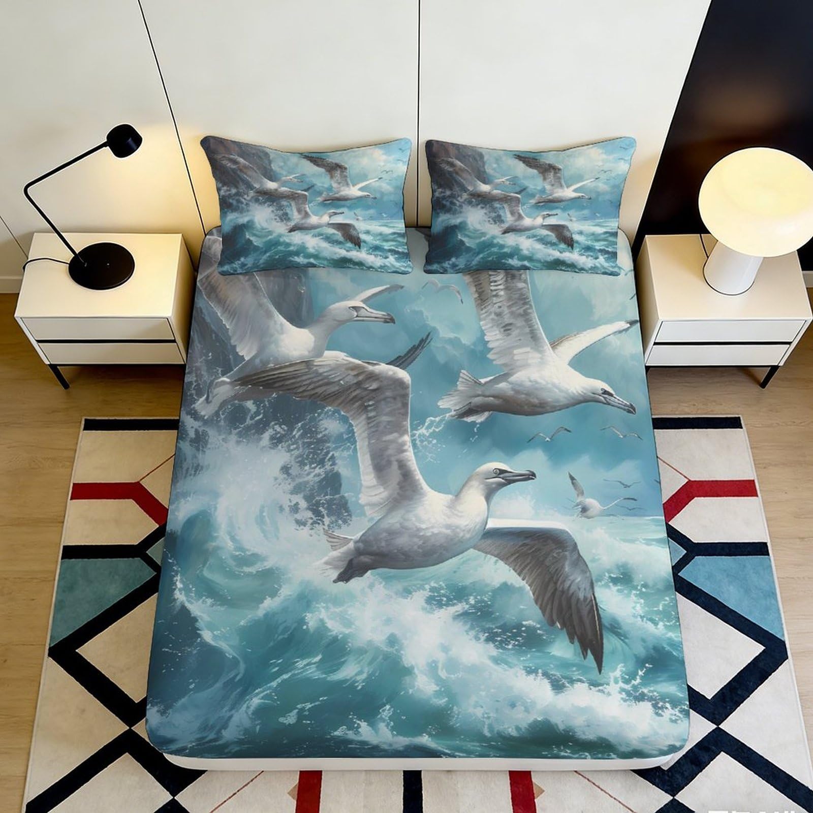 Jqzkxnhpbr Style-9 3D Printed Seagull Ocean Fitted Sheet Microfiber Soft Breathable Wave Mattress Cover Bedroom Decor Anti-Slip Washable 90X200x25cm