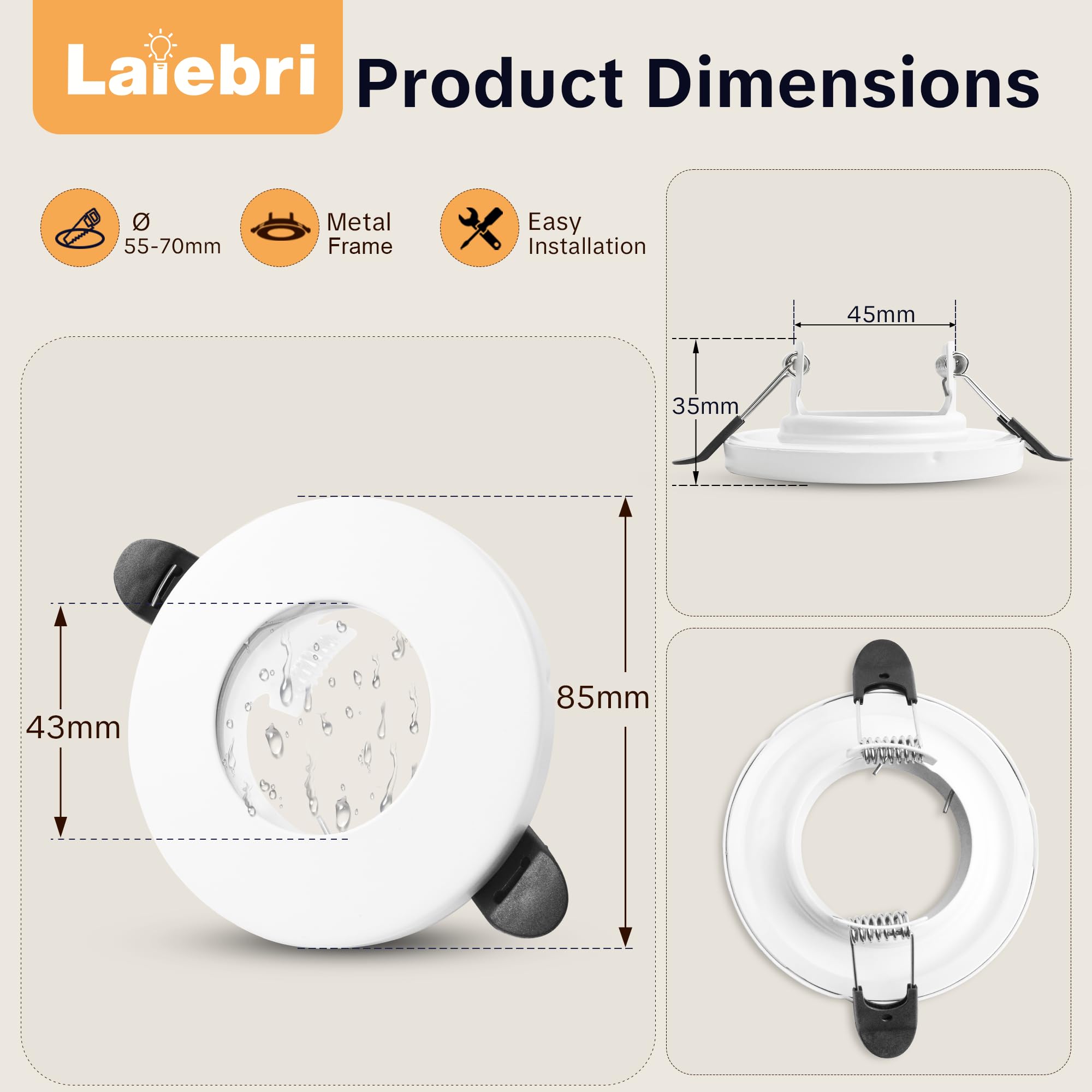 10 x Marco Foco Empotrable GU10 IP65, Apertura 55-70mm Marco Ojos de Buey LED para Techo Incl. Portalámparas GU10, Redondo Downlight LED Techo Empotrable, Blanco