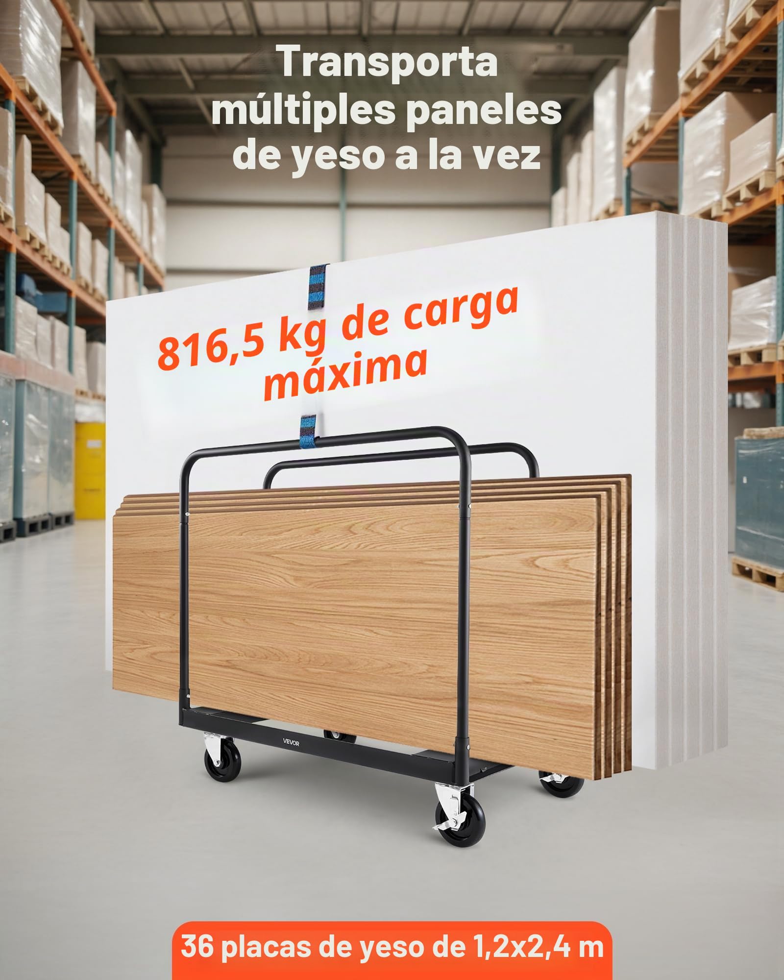 VEVOR Carro Portaplatos Carga 816 kg, con Ruedas Giratorias de 360°, Correa de Amarre y 3 Pasamanos Laterales, Rodillo para Platos, para Fábricas, Almacenes y Garajes, Negro, 955 x 610 x 935 mm