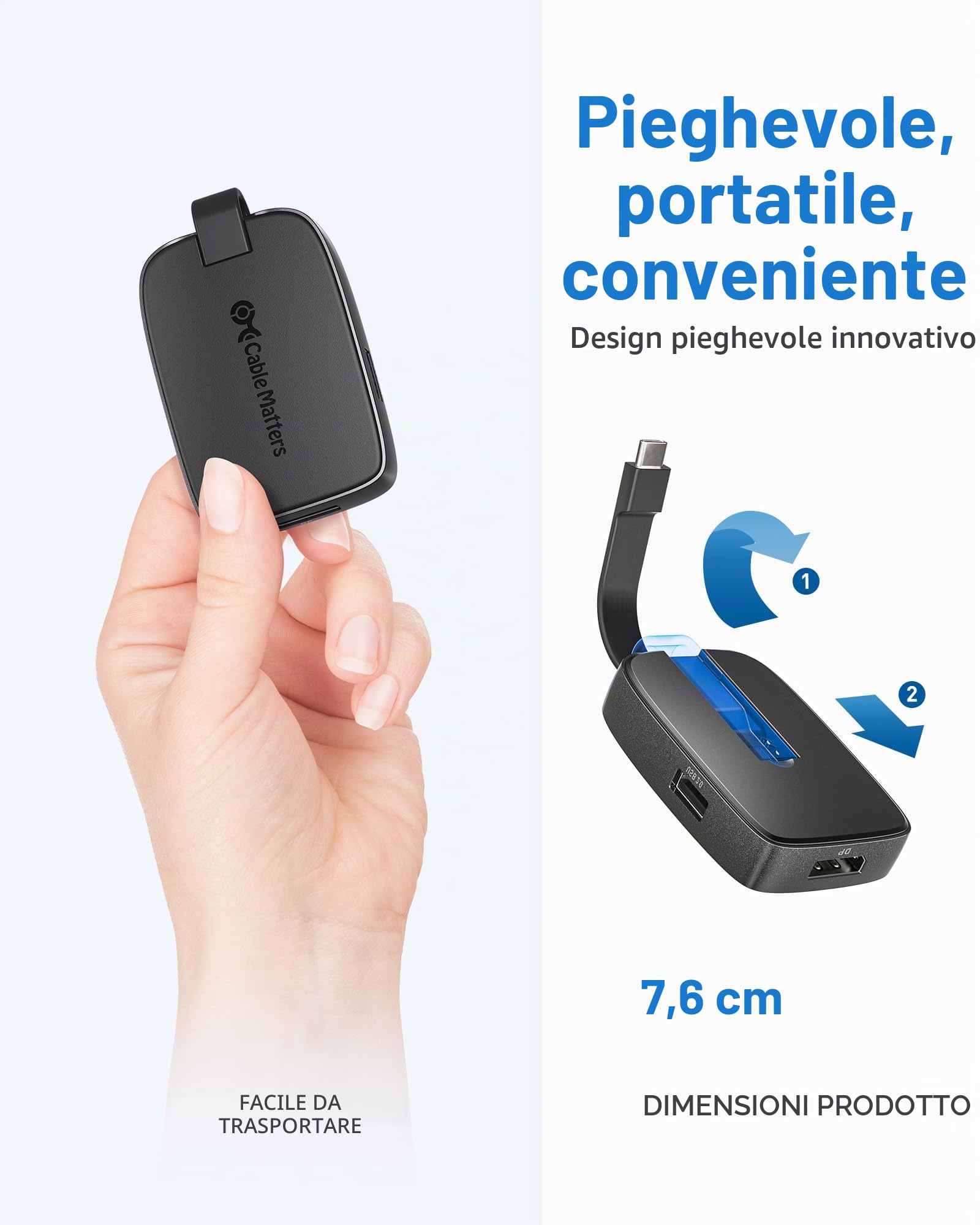 Cable Matters Hub USB-C pieghevole DisplayPort 1.4, 4K@240Hz | 4K@144Hz / 8K@60Hz, HDR, 2x USB-A, 1x USB-C, Ricarica host 100 W, Compatibile Thunderbolt 4/USB4