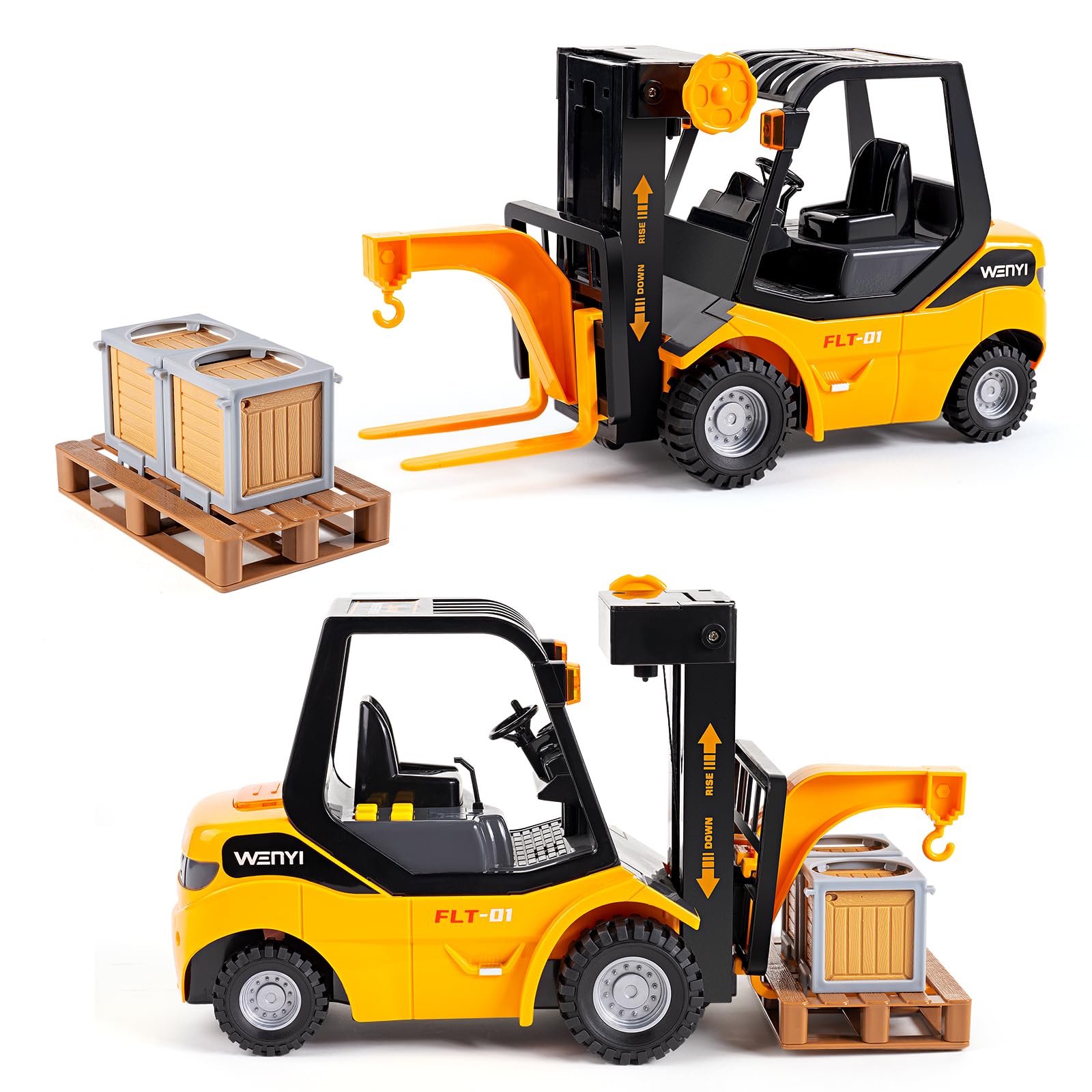 11.8 Inch Friction Powered Toy Forklift Truck with Lights &amp; Sounds, 1/16 Scale Construction Vehicle with Pallet &amp; 2 Cargo Boxes, Push Car for Kids Age 3, 4, 5 Boys Girls - Easter Gifts
