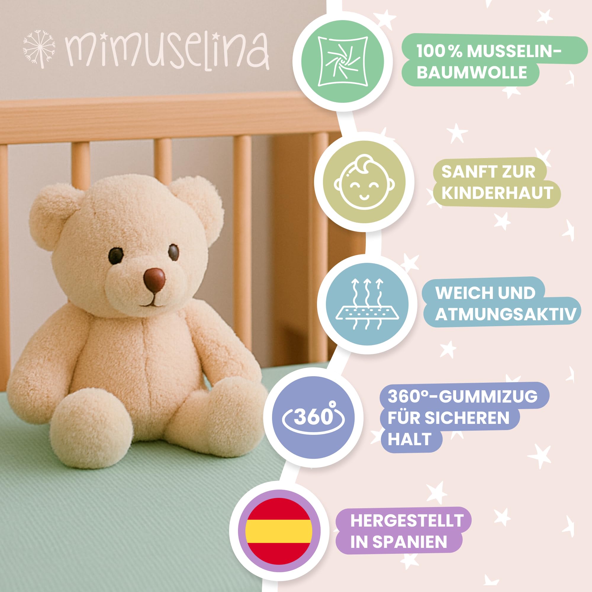 Mimuselina Spannbettlaken Stubenwagen 35x75 – 2er-Pack Stubenwagen Bezug 75x35 aus 100% weicher, atmungsaktiver Musselin-Baumwolle – Handgefertigt in Spanien – [Mint + Sand]