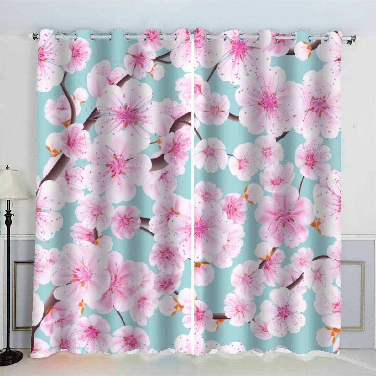 VASENA Floral Pattern Blackout Curtains 3d Art Print Cherry Blossoms Drapes Eyelet Polyester Fabric Window Curtain for Bedroom Living Room Playroom 2 Panels (W234xL229cm) — image 1