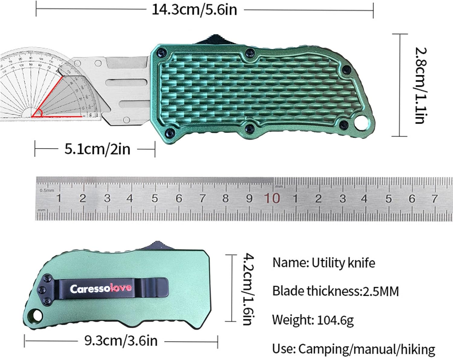 Caressolove Automatic Utility Knife, Green Razor Blades Pocket Knife, Box Cutters Retractable Heavy Duty, Premium Safety Push Button Knife with 5PCS Blades (Green)