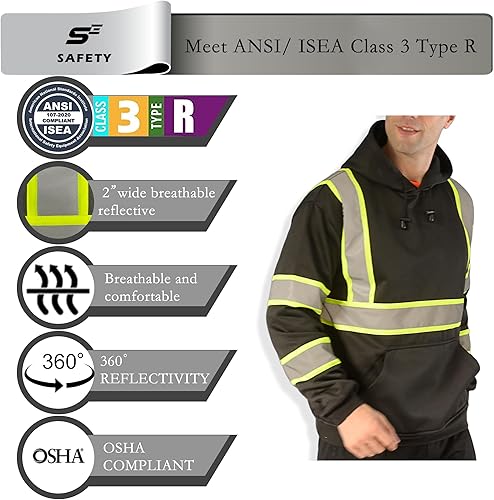 Miniatura 51 de sesafety Sudadera de seguridad de alta visibilidad para hombre, sudadera con capucha reflectante con cremallera clase 3, sudadera con capucha