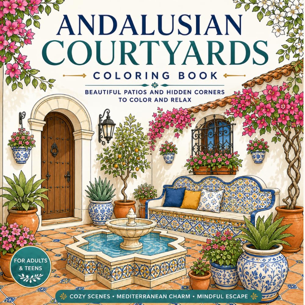 Andalusian Courtyards Coloring Book: Relaxing Mediterranean Architecture, Spanish Patios, Ceramic Tiles, Flowers, and Cozy Courtyard Scenes for Adults and Teens