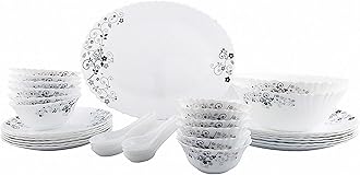 La Opala Diva Classique Collection Opal Glass Crockery | for Family of 6 | Dinner Set 33 pcs Mystrio Black | Plates & Bowls for Dining | Microwave Safe | 100% Vegetarian | Extra Strong | White