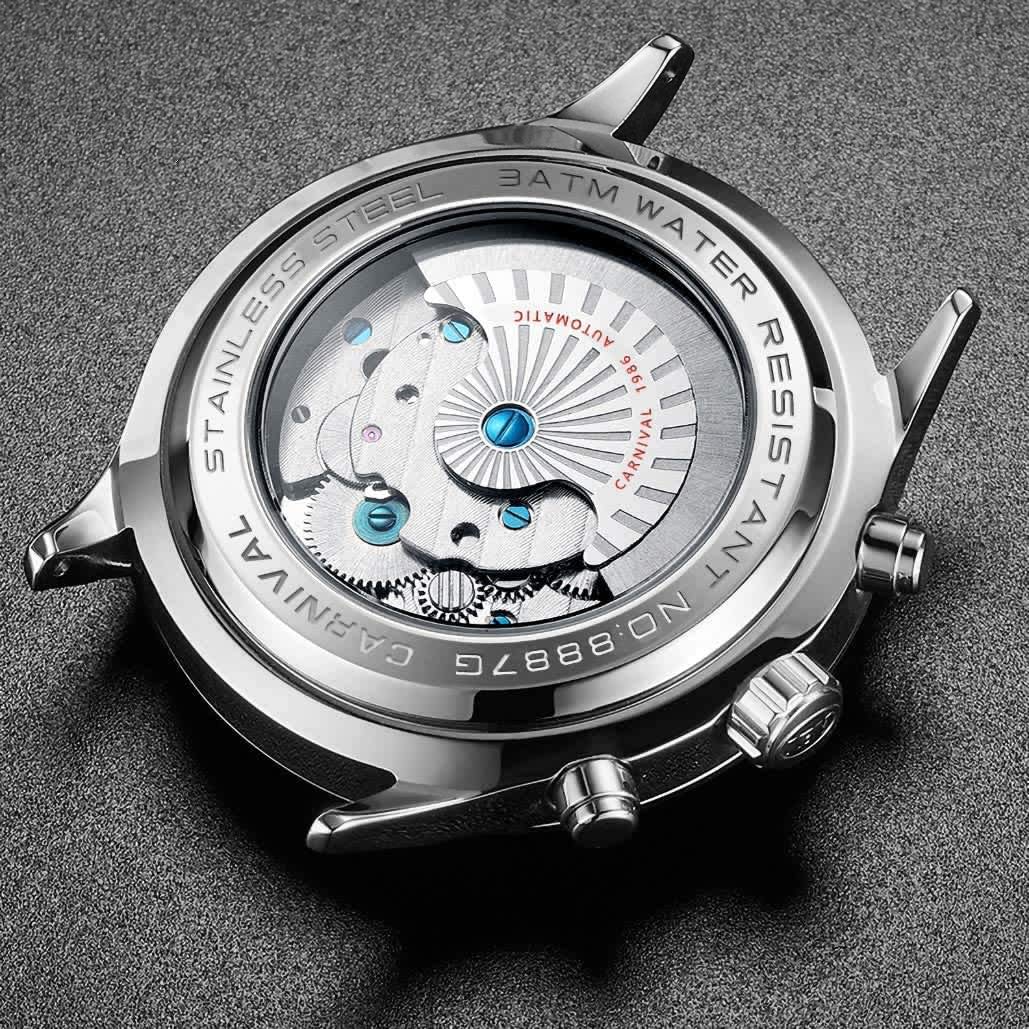 MASTOP Schweiz Herren Komplikationen Automatische Mechanische Uhr mit Lederband Business Edelstahl Kleid Armbanduhr Klassisch Kalender Datum Fenster 3ATM Wasserdicht