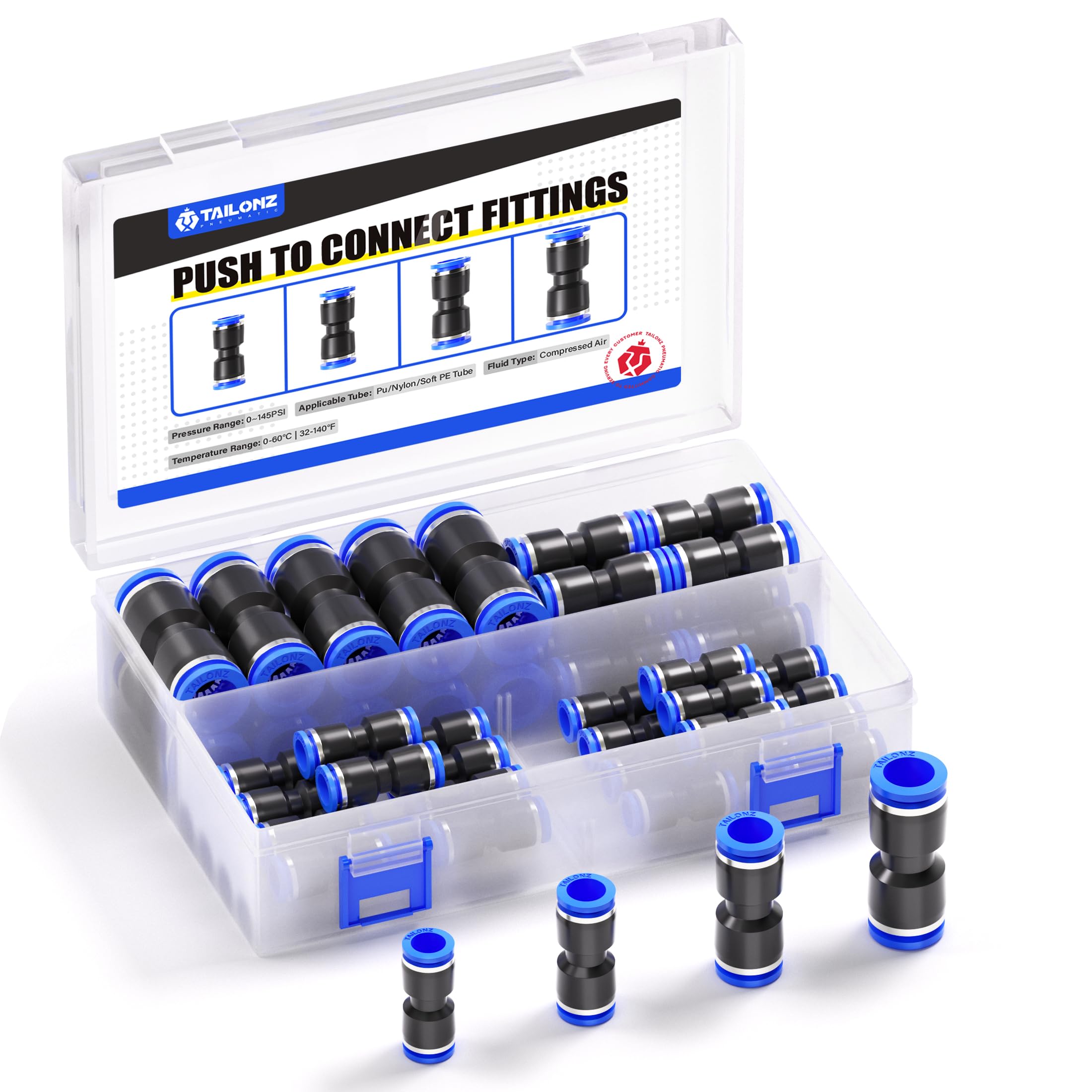 TAILONZ PNEUMATIC Straight Push Connectors Plastic Quick Release Connectors Air Line Fittings for 6 8 10 12 Tube (40 pcs)