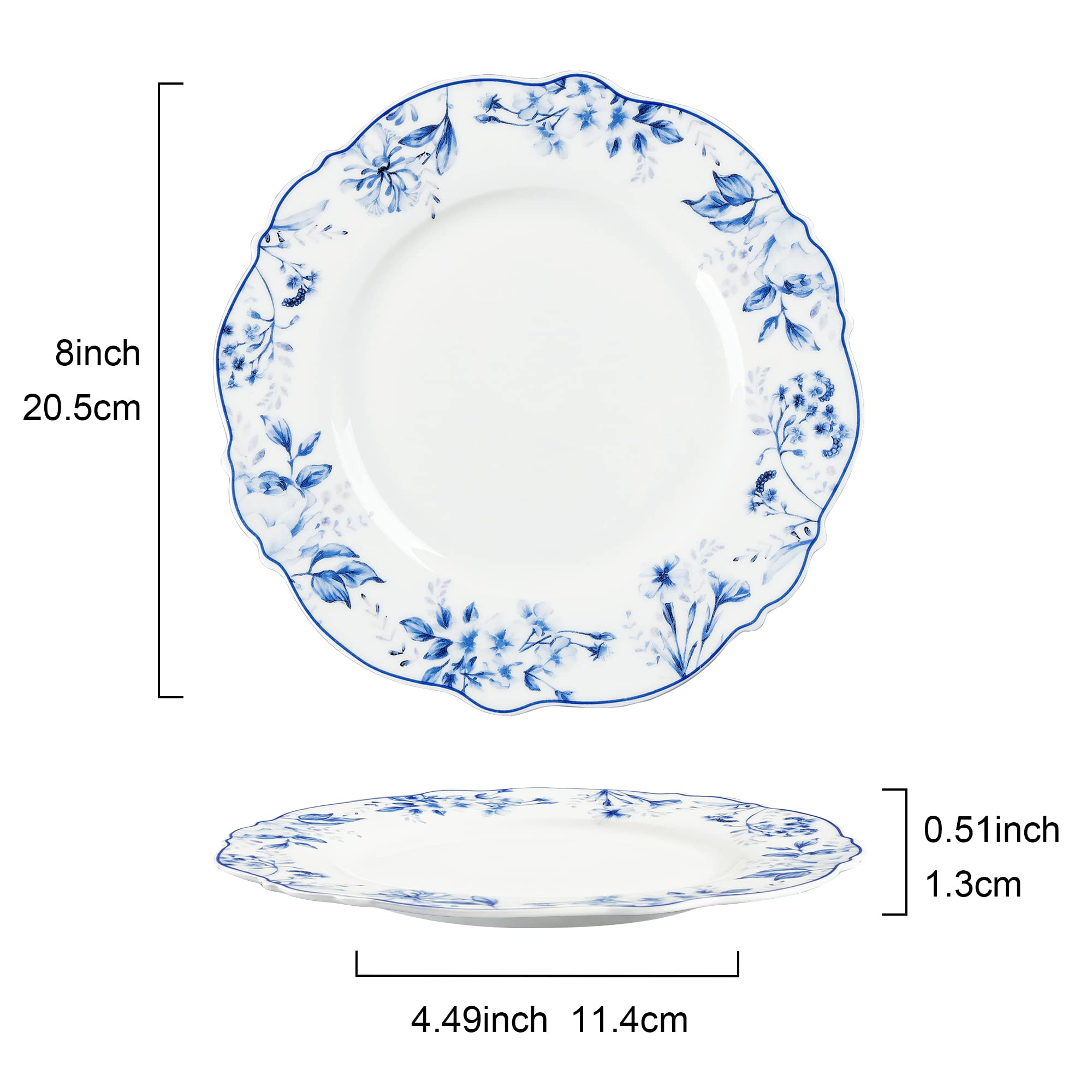 fanquare Kuchenteller 4-er Set, Brotteller Porzellan Blaues Blumen Muster, Tortenteller Ø 21 cm Pastateller Dessertteller Set Spülmaschinenfest Mikrowellengeeignet