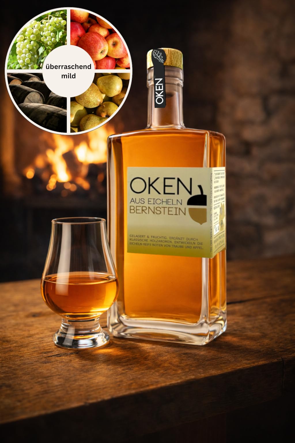 OKEN Bernstein Premium-Spirituose aus Eicheln – Reifung auf Akazien- und Eichenholz – Besonders mild im Geschmack – Von Hand hergestellte Spirituose – Schnaps Flasche 0.5 Liter