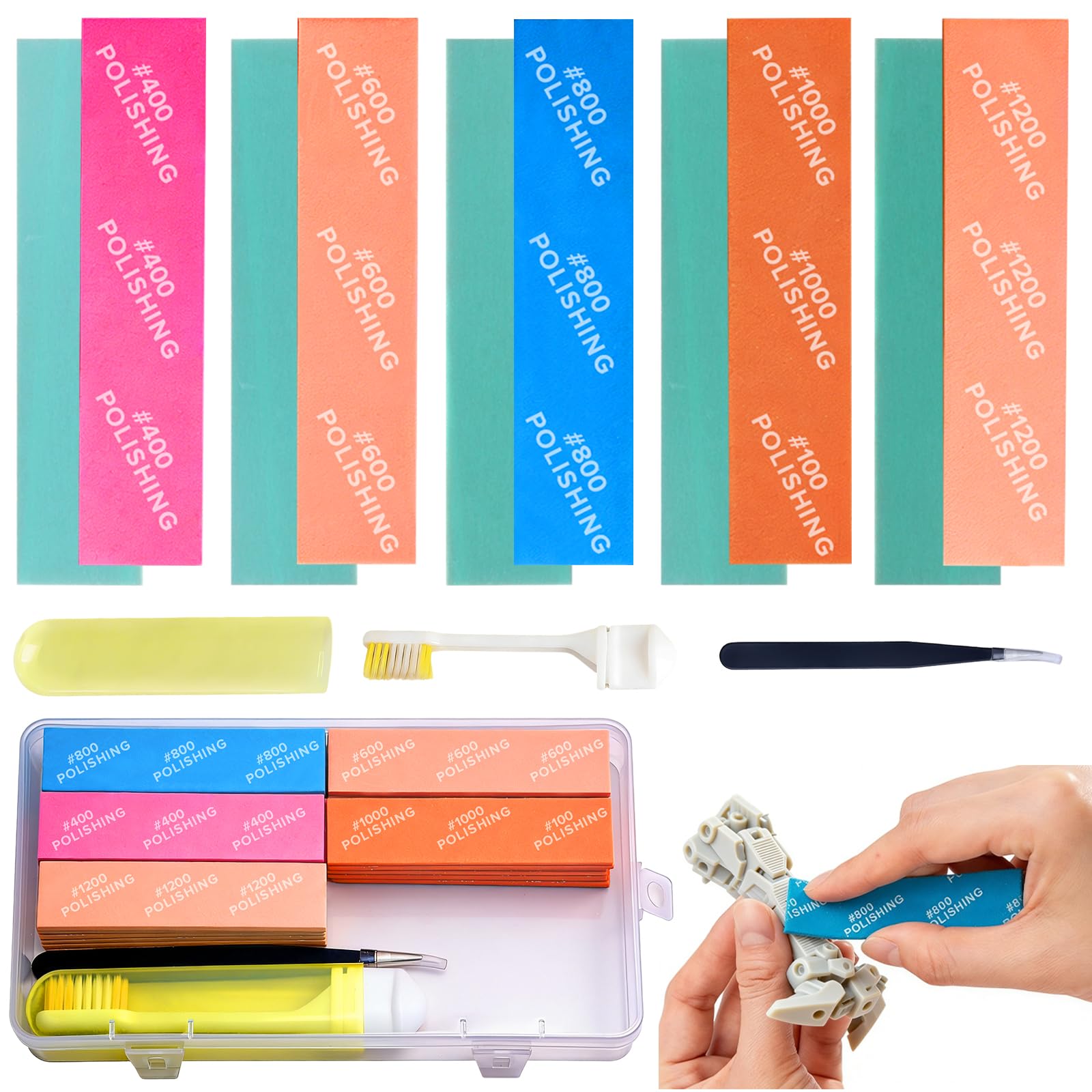 Nadisean 30 Pcs Sanding Sponge for Model, 400# 600# 800# 1000# 1200# Grit Sandpaper, Flexble Sanding Sticks Wet Dry Reuse, with Storage Box, Cleaning Brush, Tweezers, for Model Polishing, Detailing