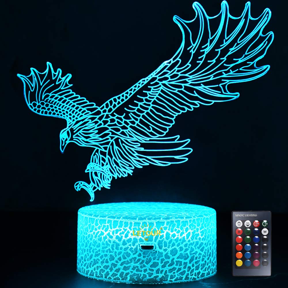 LETOURNight Light for Kids Eagle Night Light 3D Illusion Lamp with Remote Control 16 Color Changing Xmas Halloween Birthday Gift for Child Baby Boy (Remote - Ice Crack Base)