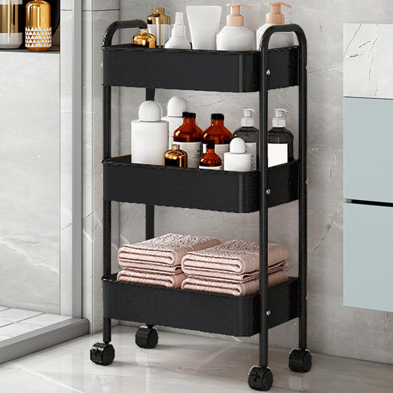 Carrito rodante versátil de 3 niveles para cocina y oficina con asa, perfecto para dormitorio, baño, lavandería y espacios reducidos