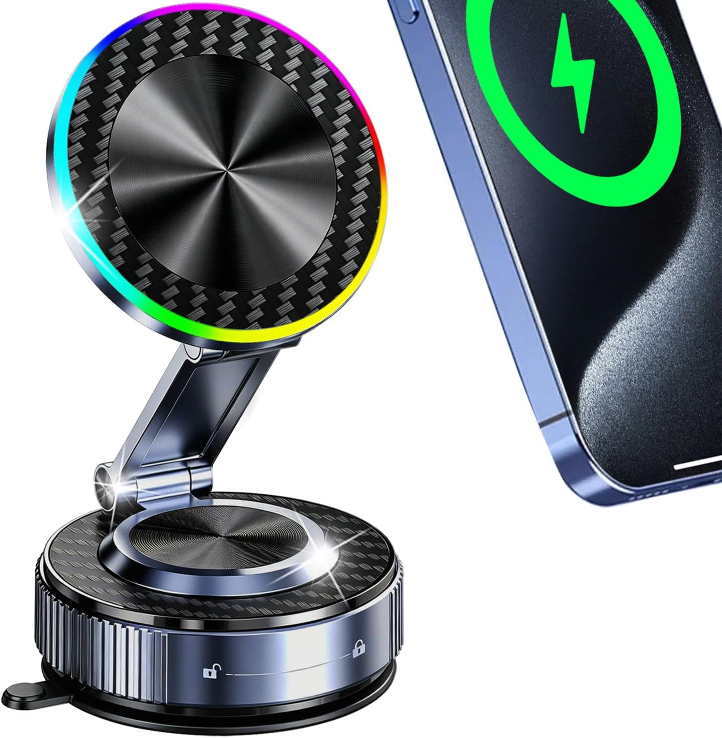 for MagSafe Car Mount Charger, 15W Fast Charging Magnetic Wireless Car Charger, Vacuum Magnetic Phone Holder [120LBS Ultra Suction Cup & 3800gf Magnet ] 780° Dashboard Car Bracket for iPhone & Android