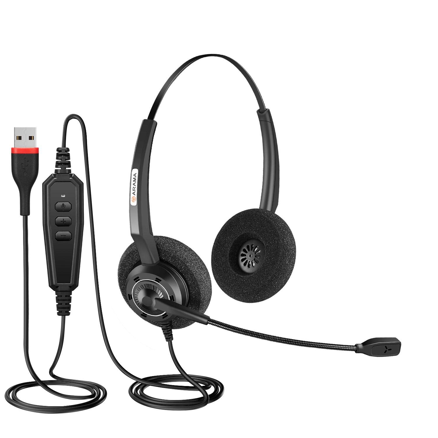 Arama USB Headset with Microphone Noise-Cancelling, Comfort Fit Computer Headset with Microphone for PC Laptop Mac Skype Zoom UC Webinar Business Call Center Home Office