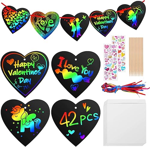 iLuane Kit de manualidades para el día de San Valentín para niños 42 paquetes de tarjetas de regalo color mágico arco iris forma de corazón kit de