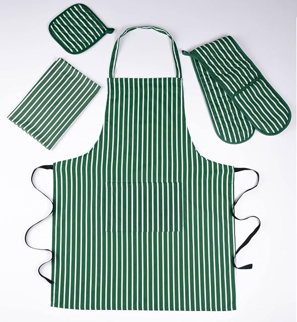 Double Oven Gloves Set with Apron Heat Resistant Oven Mitts for Home Kitchen Baking and Cooking, Butchers Stripe Pot Pan Tray Double Oven Gloves Set (Green)