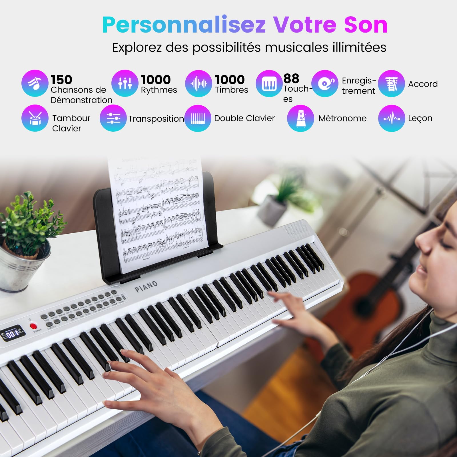 DREAMADE Clavier Numérique Pliable à 88 Touches, Semi-Lesté de Taille Standard avec MIDI Sans Fil, 2 Haut-Parleurs, Piano Portable pour Débutants, Enfants, Adultes (Blanc)