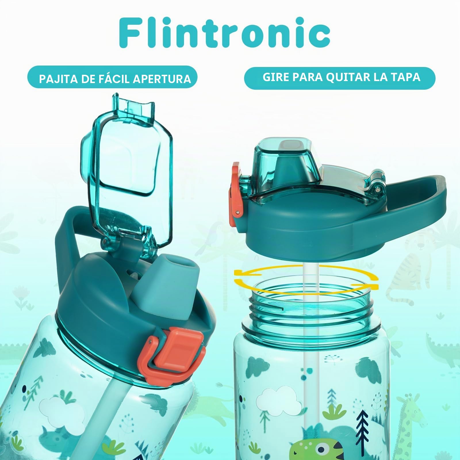 flintronic Botella de Agua Niños y Niñas, Niños Botellas Agua, Botella de Agua Pajita para Infantil, Sin BPA, Sin Fugas, Reutilizable, 600ml, Plástico -dinosaurio azul