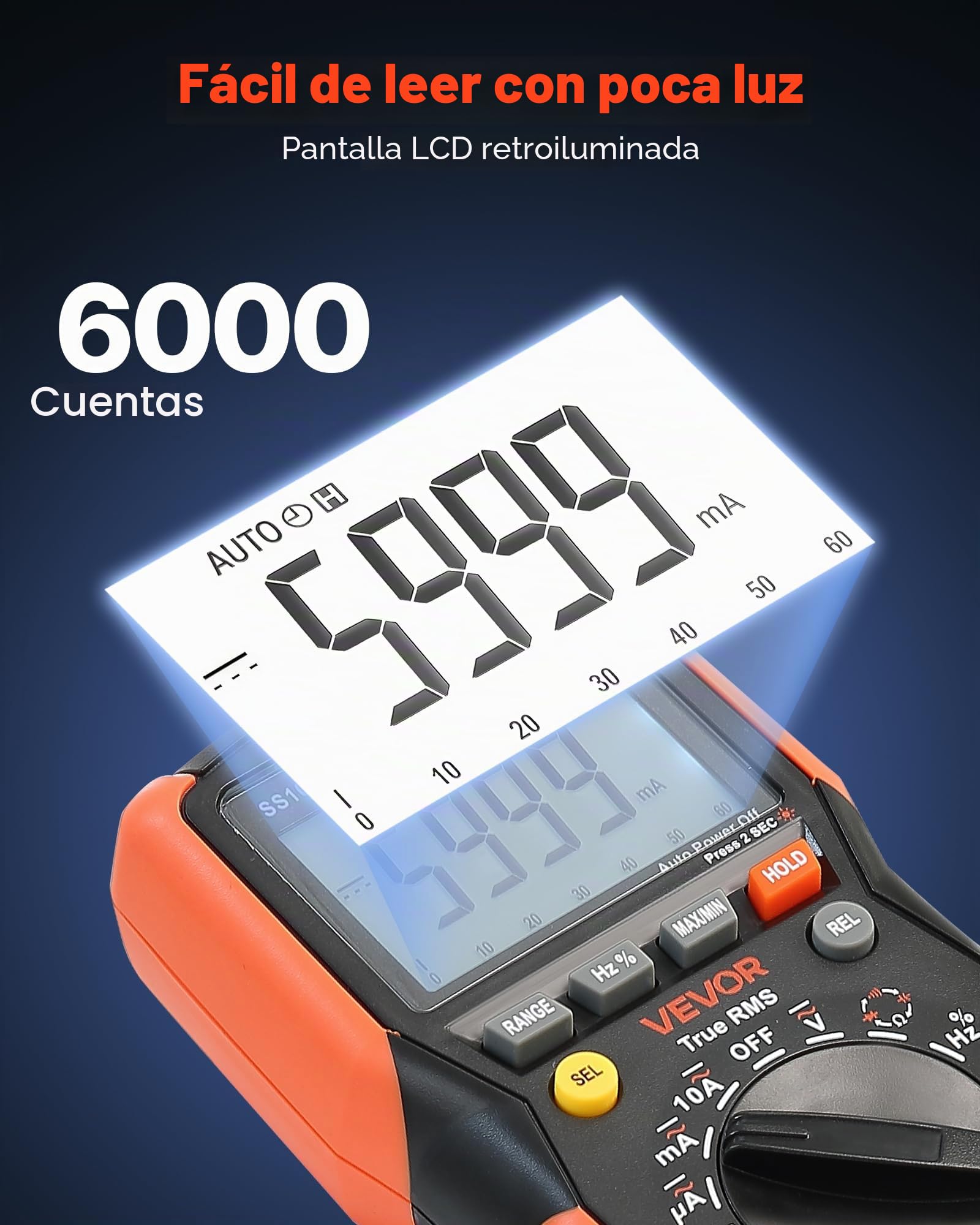 VEVOR Multímetro Digital TRMS, 6000 Cuentas, Voltímetro, Prueba de Voltaje CA/CC, Corriente, Resistencia, Capacitancia, Frecuencia, Temperatura, Continuidad, Baja Impedancia y Ciclo de Trabajo