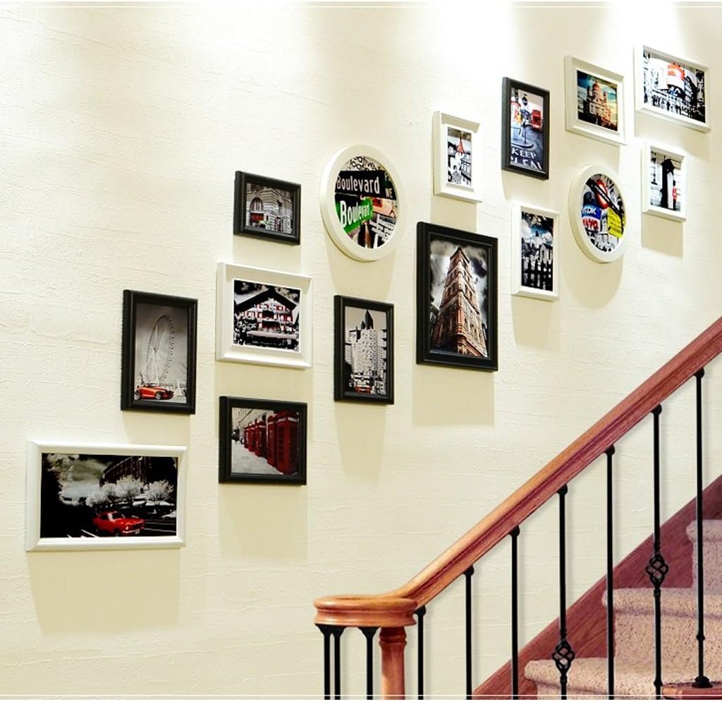 Photo Frame Wall 15 Frame Composite Solid Wood Photo Wall European Style Entrance Picture Frame Wall Creative Staircase Wall Frame Frame Wall Combination (Color : Black and White)