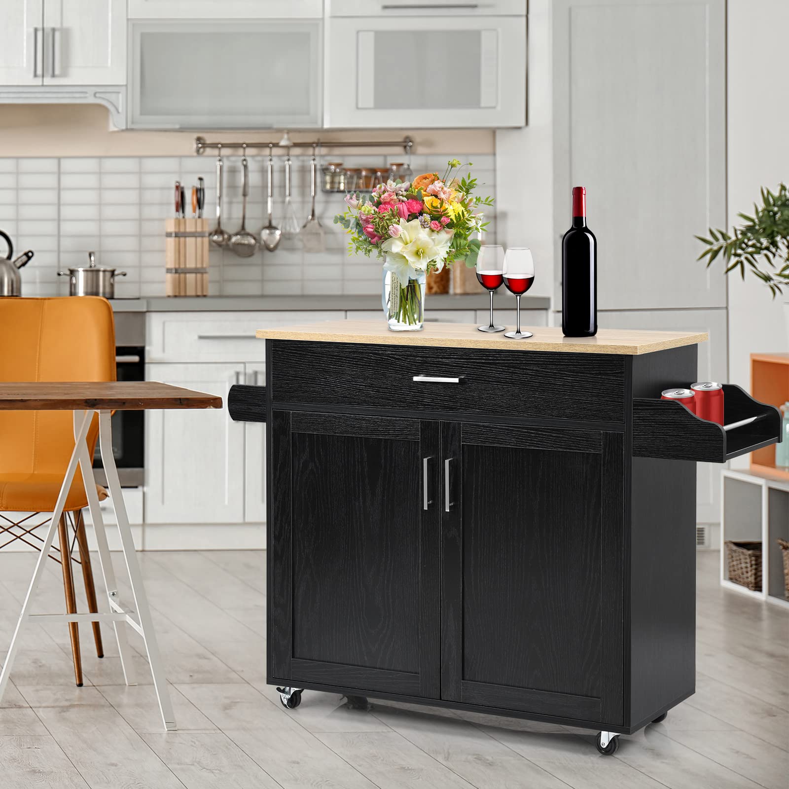 GOPLUS Desserte à roulettes avec Plan de Travail en Bois, 116x40x85CM, Desserte Cuisine avec Armoire à Étagère 2 Niveaux Réglables et Tiroir, Chariot de Service avec Porte-Serviettes Latéral, Cuisine
