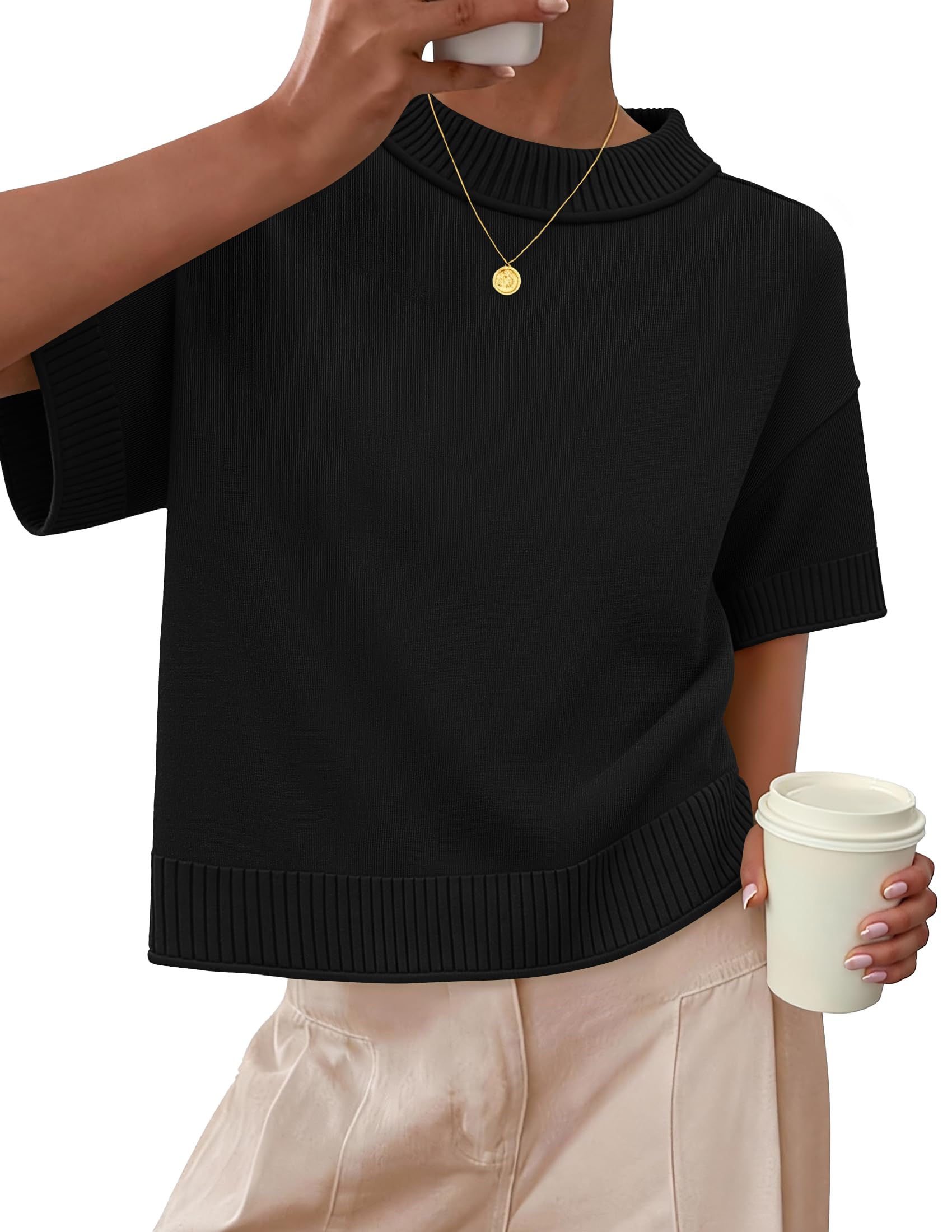 ZESICA Womens Casual Short Sleeve Sweaters 2026 Summer Oversized Crewneck Soft Knit Cropped Tops Trendy Outfits