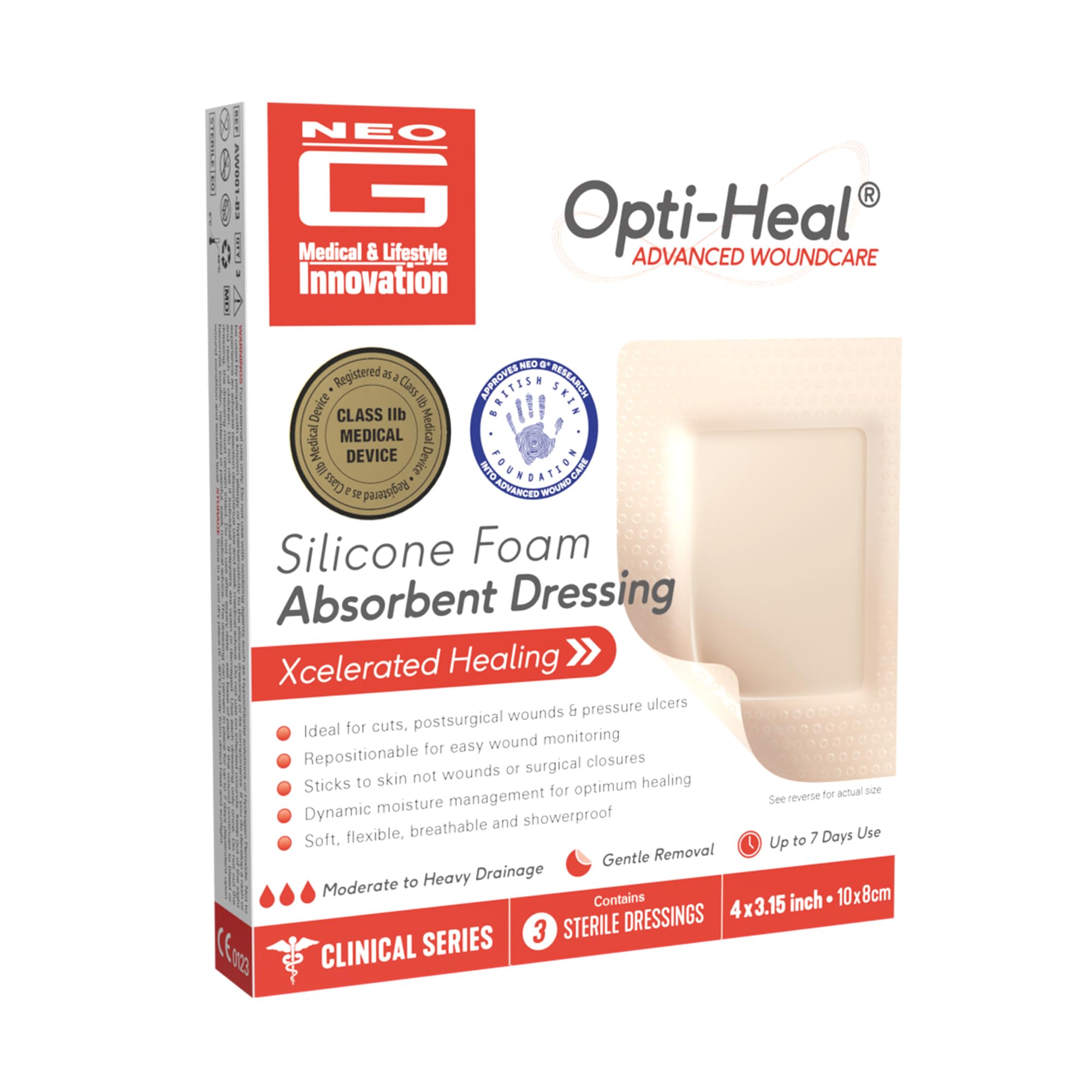 Opti-Heal Silicone Foam Absorbent Dressing - Neo G Sterile Large Wound Dressings Adhesive for Pressure Sores, Ulcer Treatment, Burns, Surgical Wounds - 10x8 cm 3 Pcs
