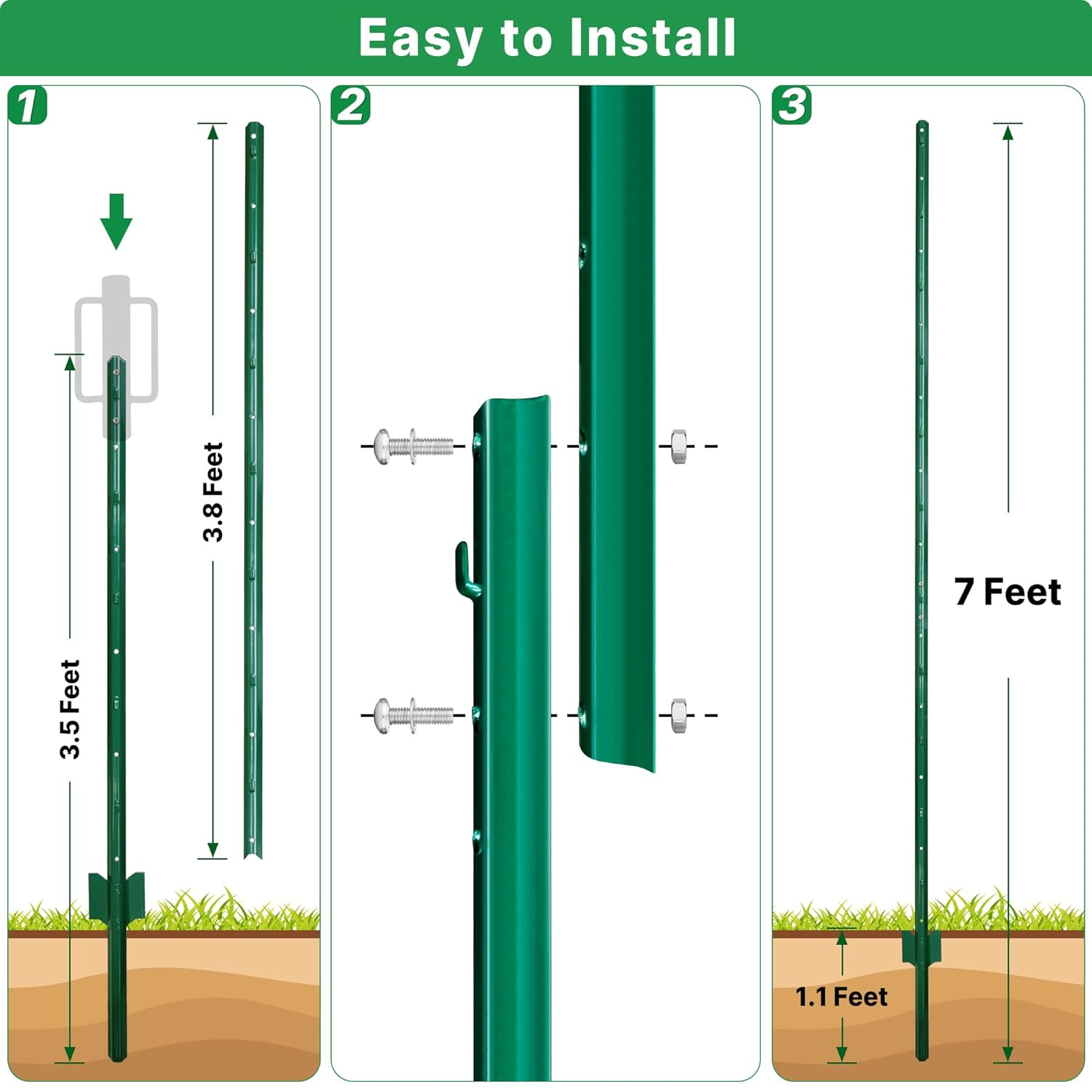 ARIFARO Metal Fence Posts 7 Feet assemblable,Pack of 10,Sturdy Duty No Digging Garden U Post for Wire Fencing Steel Poles for Yard, Outdoor