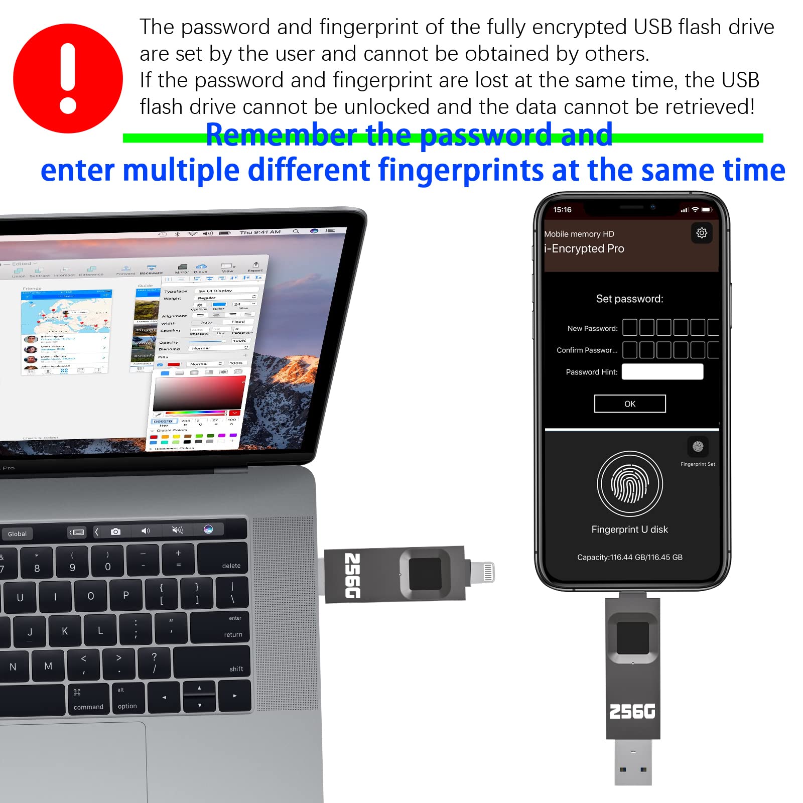 YIGORN 256GB Encrypted USB Drive,Fingerprint Flash Drive,Secure Password Protected U Disk, USB Memory Stick, USB Thumb Drive,Encryption Storage for iPhone/iPad/iPadmini/Mac/PC